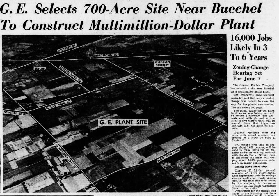 The Front page of the Courier Journal on May 19, 1951, announcing the new GE plant in Louisville.