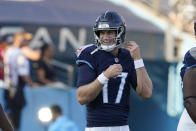 Tennessee Titans quarterback Ryan Tannehill (17) warms up before an NFL preseason football game against the New England Patriots Friday, Aug. 25, 2023, in Nashville, Tenn. (AP Photo/George Walker IV)