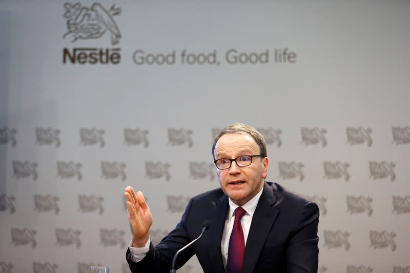 Nestle Chief Executive Mark Schneider talks during a news conference at the company headquarters in Vevey