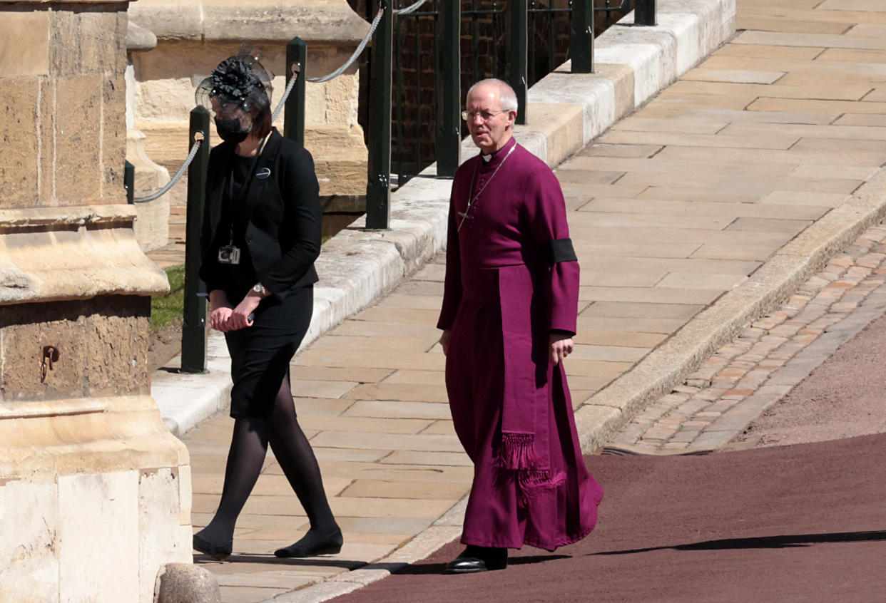The Archbishop of Canterbury Justin Welby enters St George's Chapel, Windsor Castle, Berkshire, prior to the funeral of the Duke of Edinburgh. Picture date: Saturday April 17, 2021.
