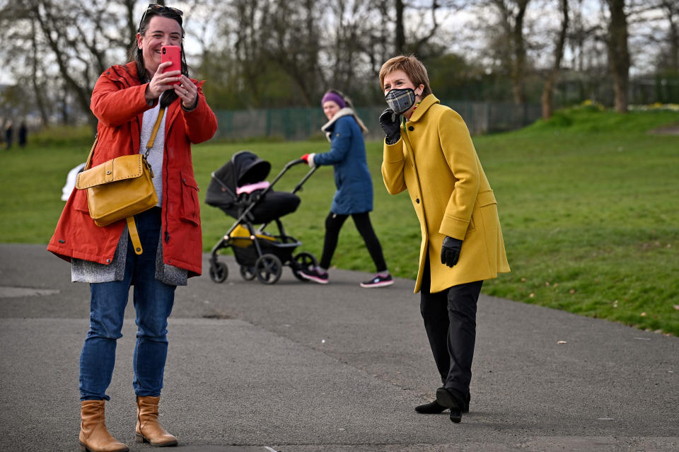 <p>First Minister and leader of the Scottish National Party (SNP), Nicola Sturgeon, in Queen's Park, Glasgow, during campaigning for the Scottish Parliamentary election. Picture date: Wednesday April 7, 2021.</p>
