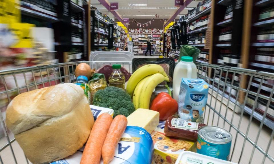 A basket of goods in a supermarket