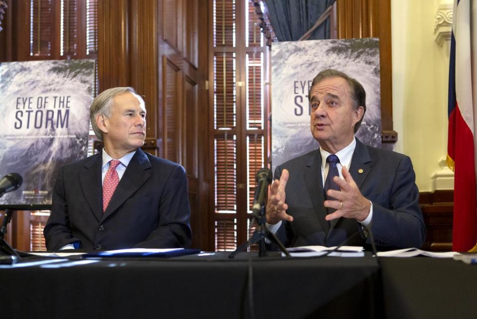 Texas A&M Chancellor John Sharp addressed the press on the findings of the After-Action Report on Hurricane Harvey. The report was released today and outlines logistical, administrative and infrastructural recommendations for dealing with future natural disasters. Dec. 6, 2018.