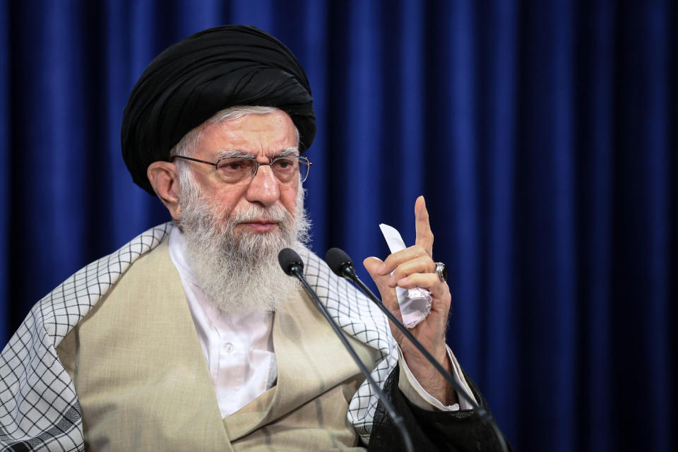 In this picture released by an official website of the Office of the Iranian Supreme leader, Supreme Leader Ayatollah Ali Khamenei addresses the nation in a televised speech marking the Eid al-Adha holiday, in Tehran, Iran, Friday, July 31, 2020. Khamenei said Friday his country will not negotiate with the United States because America would only use talks for propaganda purposes. (Office of the Iranian Supreme Leader via AP)