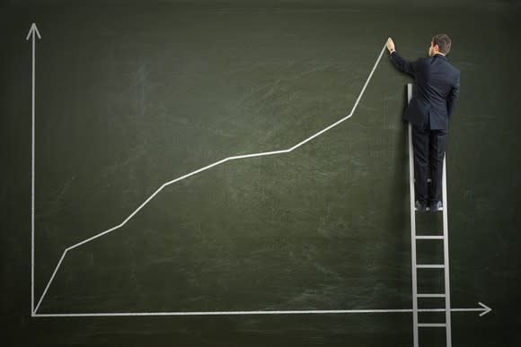 A man wearing a suit and standing on a ladder draws a rising line chart on a giant blackboard.