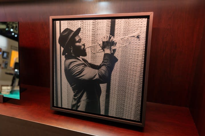 A picture of a man playing the trumpet seen as the artwork on the Samsung Music Frame.