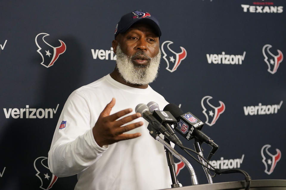 Houston Texans head coach Lovie Smith gestures during a post game news conference after an NFL football game against the Miami Dolphins, Sunday, Nov. 27, 2022, in Miami Gardens, Fla. The Dolphins defeated the Texans 30-15. (AP Photo/Lynne Sladky)