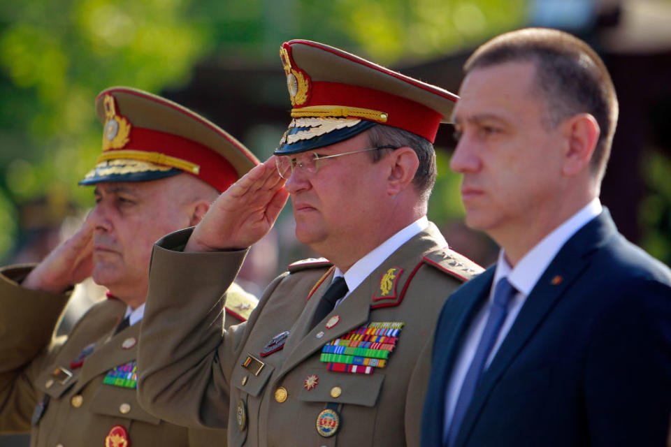 Nicolae Ciuca (center), then Romania's Chief of General Staff, attends a ceremony marking Romanian Land Forces Day at Fallen Heroes Memorial, in Bucharest, on April 23, 2018.<span class="copyright">Cristian Cristel—Xinhua News Agency/Getty Images</span>