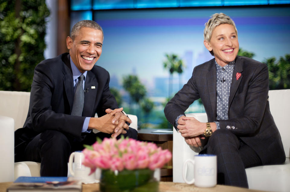 FILE - President Barack Obama talks with Ellen DeGeneres during a commercial break while taping a show segment of the Ellen DeGeneres Show in Burbank, Calif., on Feb. 11, 2016. DeGeneres is taking her final bow on her syndicated daytime talk show on Thursday, May 26, after almost two decades. (AP Photo/Pablo Martinez Monsivais, File)