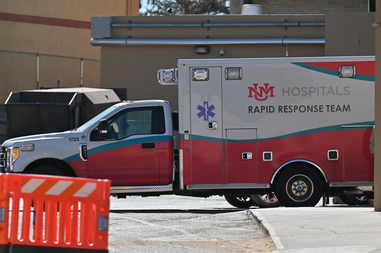 ALBUQUERQUE, NEW MEXICO - OCTOBER 22: An exterior view shows an ambulance parked at the University of New Mexico Hospital, where 