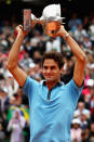 <p>Federer lifting the Roland Garros trophy after beating Sweden’s Robin Soderling in June, 2009. </p>