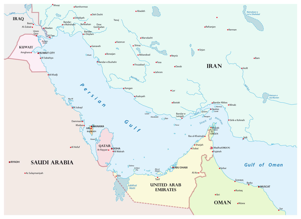 A map shows Iran's southern coast along the Persian Gulf and the Gulf of Oman, and neighboring countries. / Credit: Getty/iStockphoto