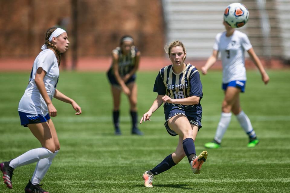 Olivia Walker (18) looks to pass  as the Heritage Hall Chargers face the Victory Christian Conquerors in the final round of the 3A girls soccer championship tournament  at Energy FC Field at Taft Stadium in Oklahoma City on Friday, May 13, 2022.