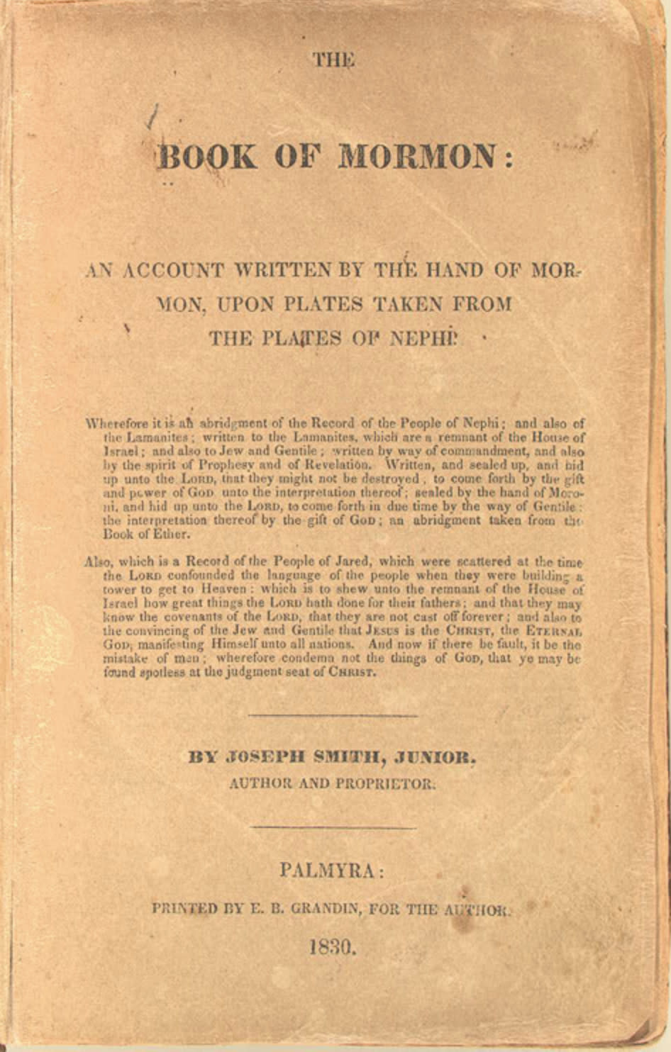 The title page is shown from a first edition copy of the Book of Mormon printed in 1830.