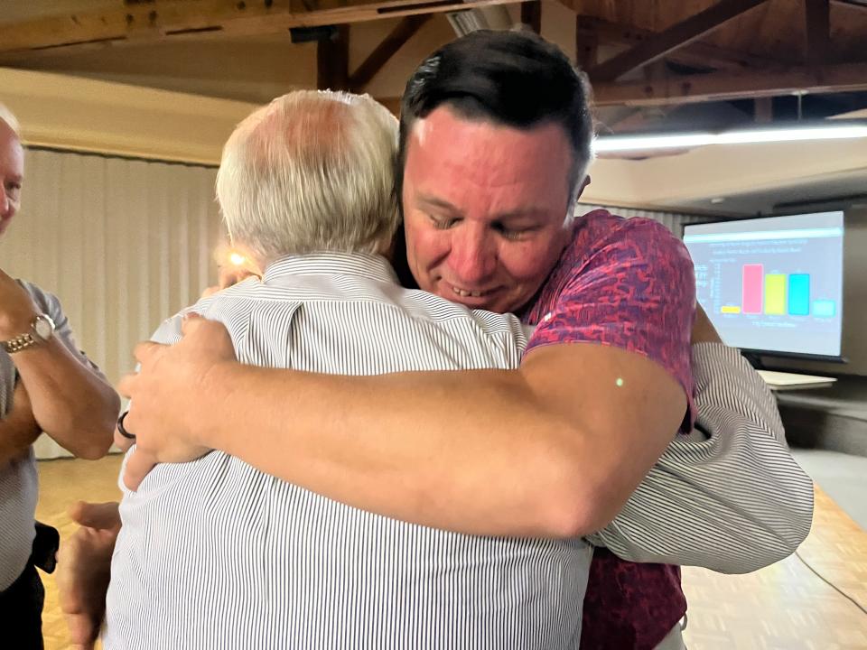 North Augusta City Councilman Eric Presnell, right, hugs outgoing North Augusta City Councilman Bob Brooks after Presnell won a second term at North Augusta Community Center on Tuesday, April 25, 2023.