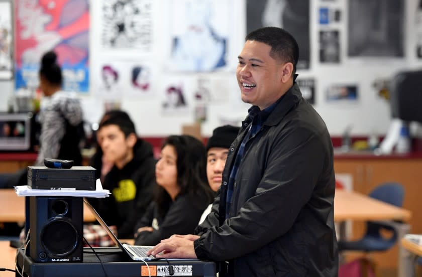 SAN FRANCISCO, CA - JANUARY 22, 2018 - Jr Arimboanga, an ethnic studies teacher, shows students a video about racism during class at John O'Connell High School in San Francisco, California on January 22, 2018. (Josh Edelson / For the Times)