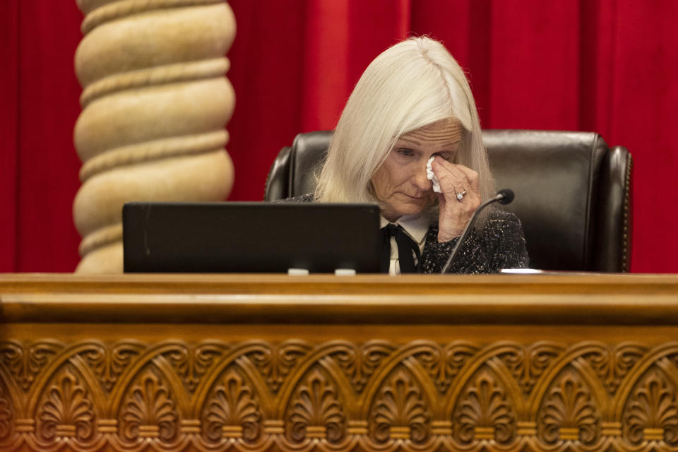 Chief Justice of the Supreme Court of Nevada Kristina Pickering listens to family testimony during a pardons board meeting at the Nevada Supreme Court in Las Vegas, Tuesday, Dec. 20, 2022. Nevada Gov. Steve Sisolak says he hopes his failed proposal to clear death row before he leaves office in two weeks starts a needed conversation about capital punishment ahead of the next legislative session. (Erik Verduzco/Las Vegas Review-Journal via AP)