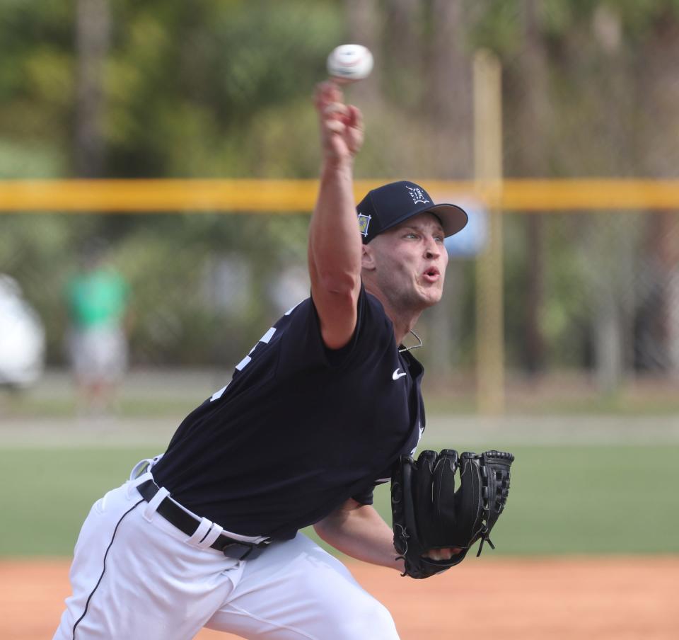 Tigers pitcher Matt Manning throws live batting practice during Detroit Tigers spring training on Wednesday, March 16, 2022, at TigerTown in Lakeland, Florida.