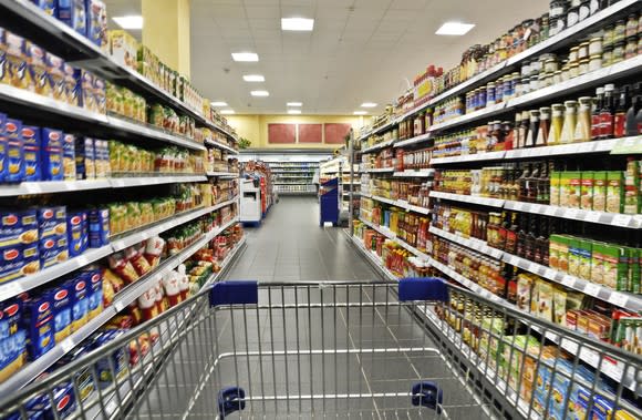 First-person view of shopper walking down a supermarket aisle