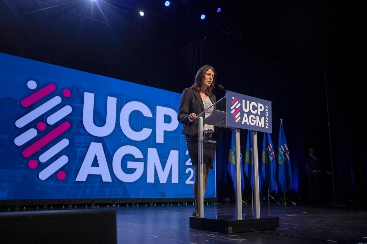 Alberta Premier Danielle Smith speaks in a file photo at the 2022 United Conservative Party annual general meeting in Edmonton. This year's AGM will run Nov. 3-4 at the BMO Centre in Calgary. (Amber Bracken/The Canadian Press - image credit)