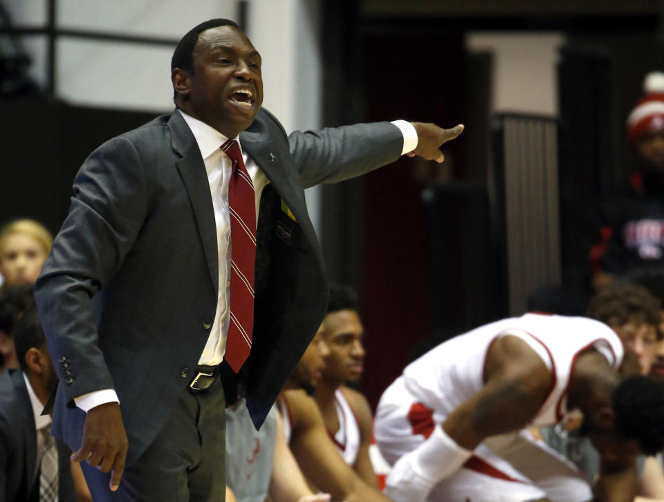 Alabama head coach Avery Johnson signals to players during the first half of an NCAA college basketball game against Texas-Arlington, Tuesday, Nov. 21, 2017, in Tuscaloosa, Ala. (AP Photo/Butch Dill)