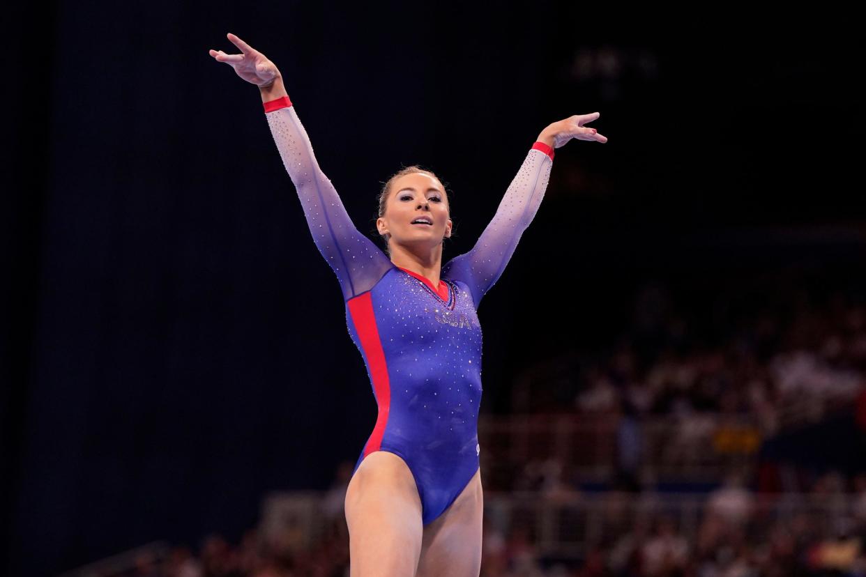 MyKayla Skinner competes on the floor during the U.S. Olympic Team Trials.