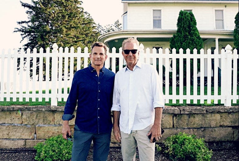 Dwier Brown, left, and Kevin Costner reunited last week for the Field of Dreams game in Iowa. Brown, a Medina County native, played Costner's father in the 1989 movie.