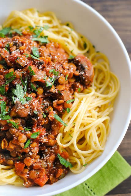 <p>Wait - that's <em>not</em> meat sauce?</p><p>Get the recipe from <a rel="nofollow noopener" href="http://foxeslovelemons.com/lentil-mushroom-ragu/" target="_blank" data-ylk="slk:Foxes Love Lemons;elm:context_link;itc:0;sec:content-canvas" class="link ">Foxes Love Lemons</a>.</p>