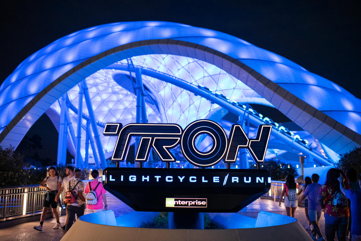  Run presented by Enterprise at Magic Kingdom Park in Lake Buena Vista, Fla. As members of Team Blue, guests will board high-speed Lightcycles for a thrilling race through a dark, computerized world, facing off against a fierce group of Programs known as Team Orange. TRON Lightcycle / Run blends speed, visual effects, music and a one-of-a-kind ride system to create an experience like no other. (Steven Diaz, Photographer)