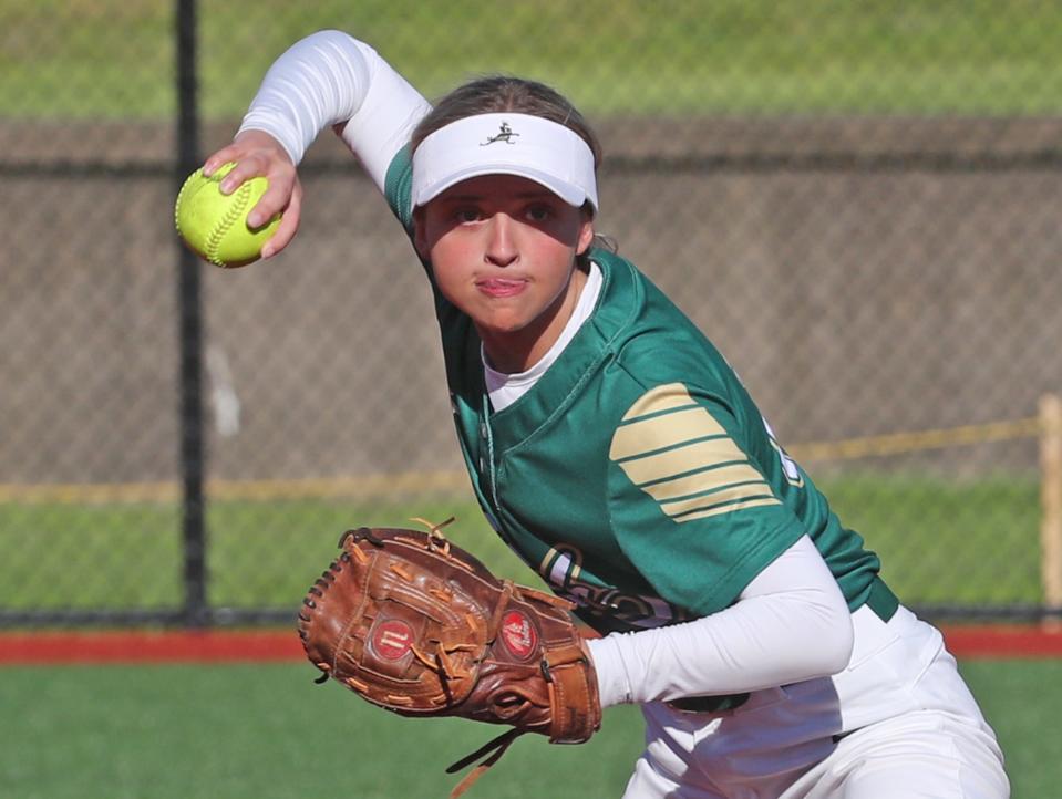 St. Vincent-St. Mary shortstop Kennedy Brophy readies a throw to first base during their game against Medina at Firestone Stadium.