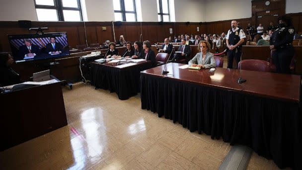 PHOTO: Former President Donald Trump appears virtually in a New York courtroom on May 23, 2023,' (Pool)