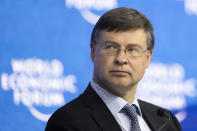 Valdis Dombrovskis, Executive Vice-President for an Economy that Works for People at the European Commission attends a session at the 51st annual meeting of the World Economic Forum, WEF, in Davos, Switzerland, Wednesday, May 25, 2022. (Gian Ehrenzeller/Keystone via AP)