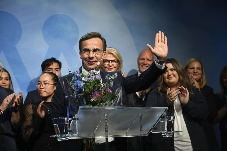 Moderate party leader Ulf Kristersson delivers a speech at the Moderate party election watch at the Clarion Sign Hotel late Sunday night, Sept. 11, 2022. An exit poll projected that Sweden’s ruling left-wing Social Democrats have won the most votes in a general election Sunday, while a right-wing populist party had its best showing yet. (Fredrik Sandberg/TT News Agency via AP)