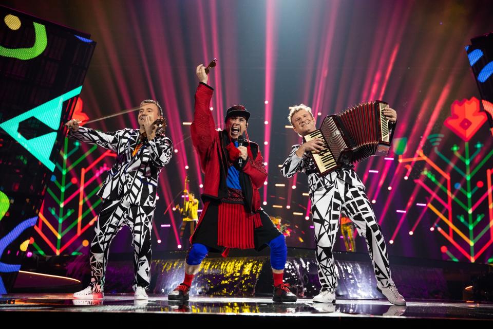 Moldova’s Zdob si Zdub & Advahov Brothers performing during the first semifinal. - Credit: Corinne Cumming/Courtesy of EBU