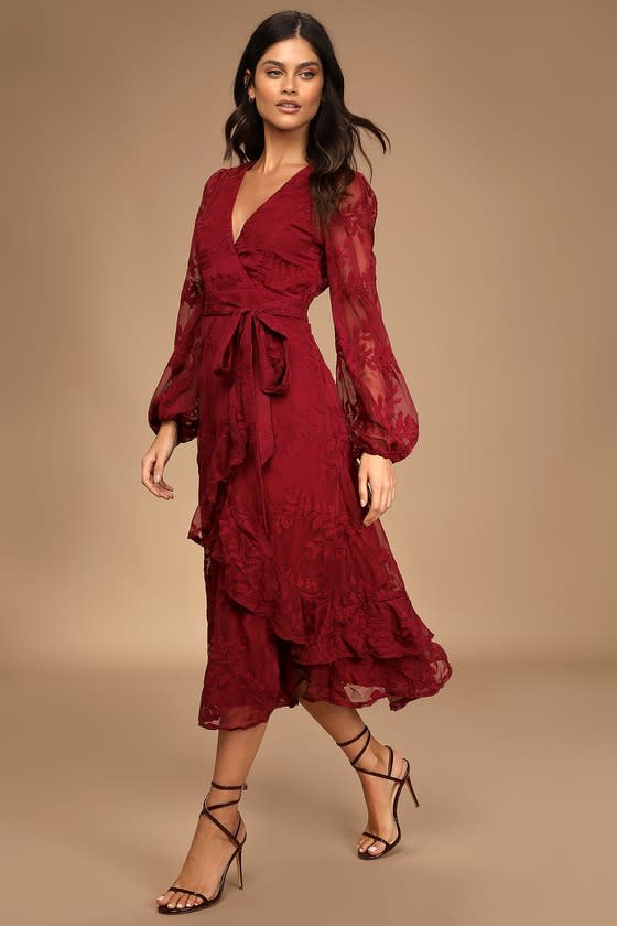 <p><a href="https://go.redirectingat.com?id=74968X1596630&url=https%3A%2F%2Fwww.lulus.com%2Fproducts%2Fspectacular-feeling-burgundy-embroidered-faux-wrap-midi-dress%2F1286316.html&sref=https%3A%2F%2Fwww.thepioneerwoman.com%2Ffashion-style%2Fg41869796%2Fchristmas-dresses%2F" rel="nofollow noopener" target="_blank" data-ylk="slk:Shop Now;elm:context_link;itc:0;sec:content-canvas" class="link rapid-noclick-resp">Shop Now</a></p><p>Spectacular Feeling Burgundy Embroidered Midi Dress</p><p>lulus.com</p><p>$103.20</p><span class="copyright">Lulus</span>