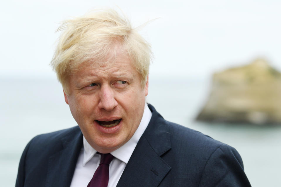 Prime Minister Boris Johnson participates in a TV interview ahead of bilateral meetings as part of the G7 summit in Biarritz, France.