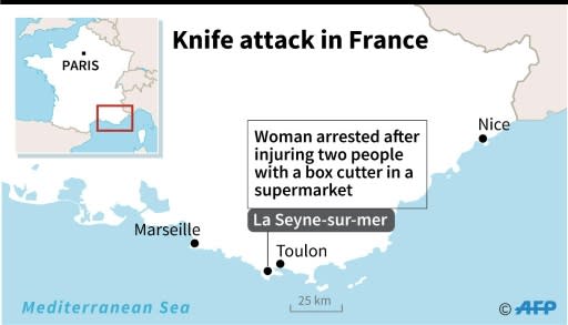 Map of southern France locating La Seyne-sur-mer where a woman was arrested after wounding two people with a box cutter in a supermarket