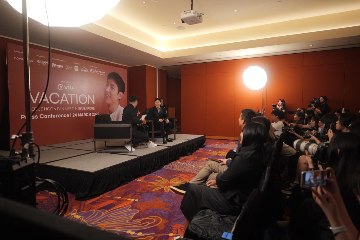 South Korean 'Taxi Driver' star Lee Je-hoon on stage at a press conference in Singapore