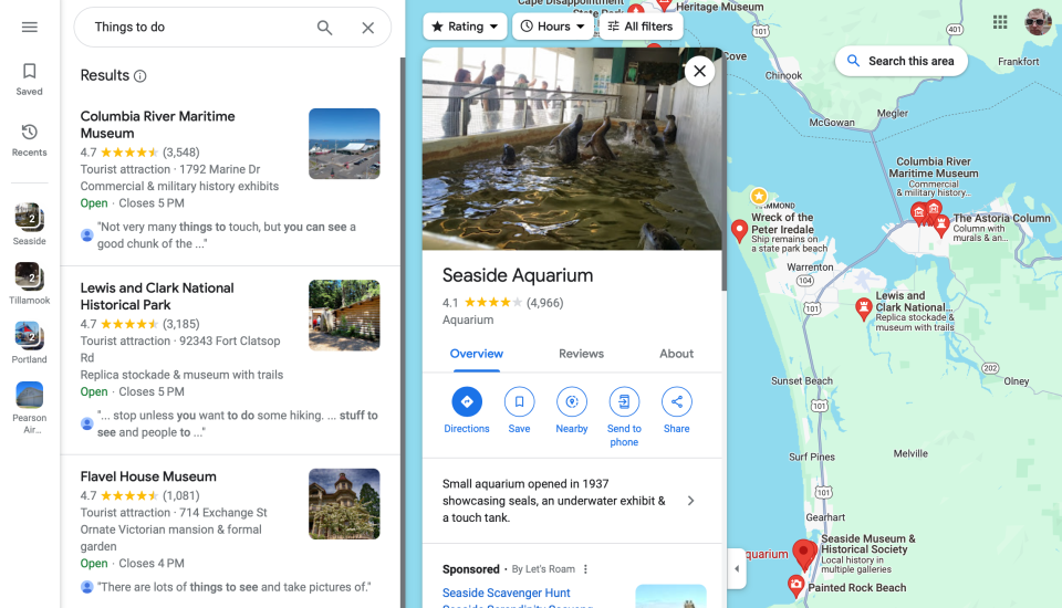 Screenshot of Google Maps in seaside Oregon with notable places marked in red