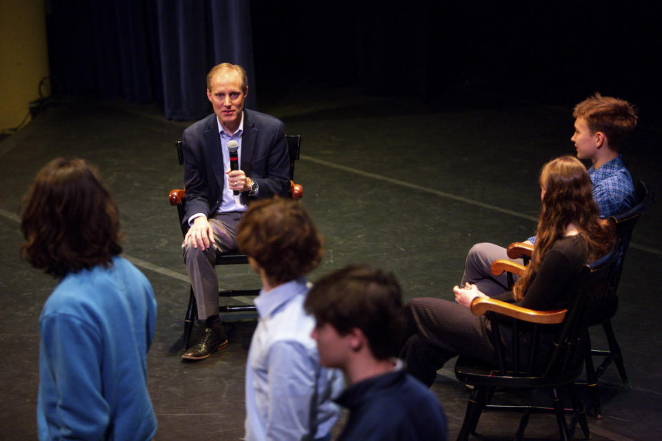 Breck School juniors Ainsley Kaufman and Graham Bailey interview Minnesota Secretary of State Steve Simon during a Q&A with members of Voterama, a student group focused on voter advocacy and awareness at Breck School in Golden Valley, Minn., Friday, Dec. 1, 2023. (AP Photo/Nicole Neri)