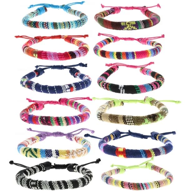 12 different colored rope friendship bracelets with adjustable strings