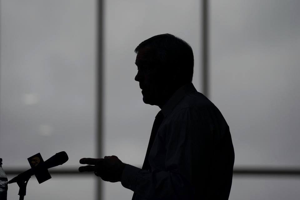 Iowa head coach Kirk Ferentz speaks during a news conference, Tuesday, Oct. 31, 2023, in Iowa City, Iowa. Iowa interim athletic director Beth Goetz announced on Monday that Ferentz's son, Brian, would not return as offensive coordinator next year. (AP Photo/Charlie Neibergall)