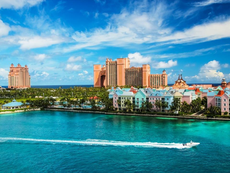 A boat passes the Atlantis property in The Bahamas.