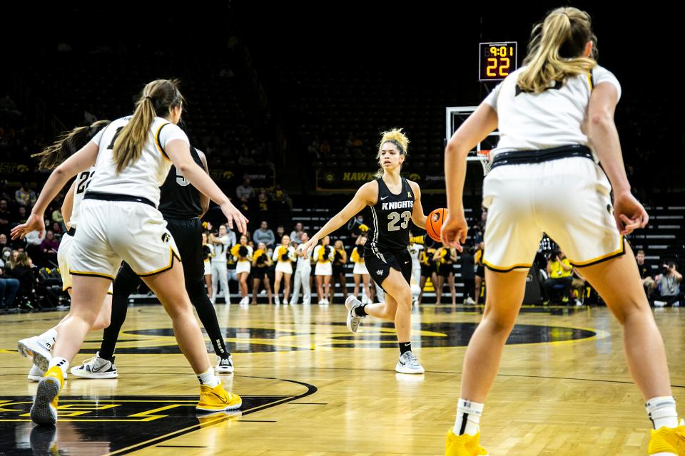 University of Central Florida guard Alisha Lewis (23) dribbles the ball during a NCAA non-conference women's basketball game against Iowa, Saturday, Dec. 18, 2021, at Carver-Hawkeye Arena in Iowa City, Iowa.