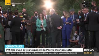 Crowd of reporters seen asking Scott Morrison questions. Source: ABC/Tveeder