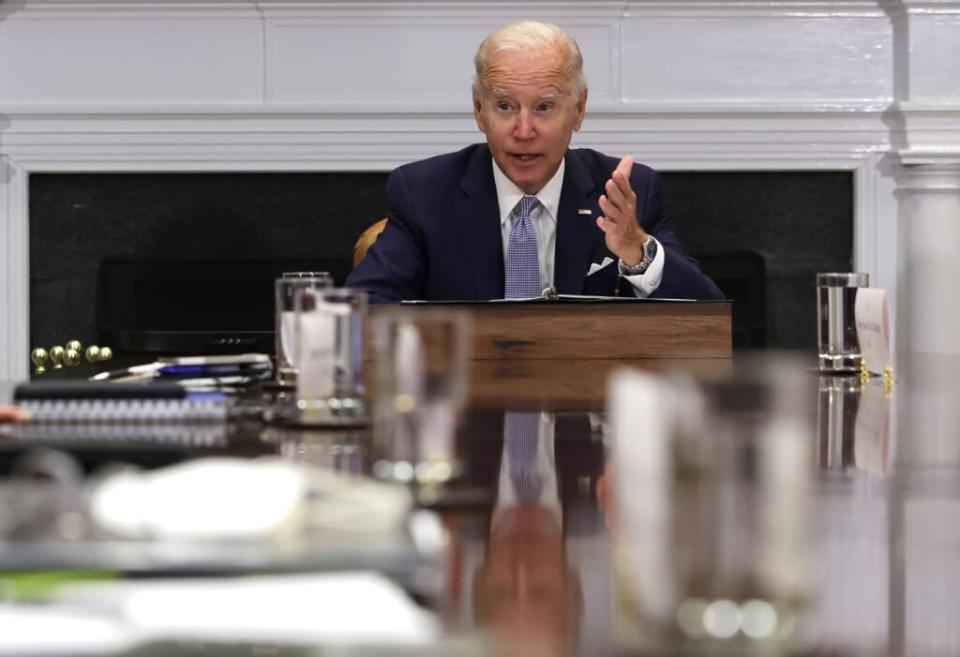 U.S. President Joe Biden speaks during a meeting with state and local elected officials on Women’s Equality Day at the Roosevelt Room of the White House August 26, 2022 in Washington, DC. (Photo by Alex Wong/Getty Images)