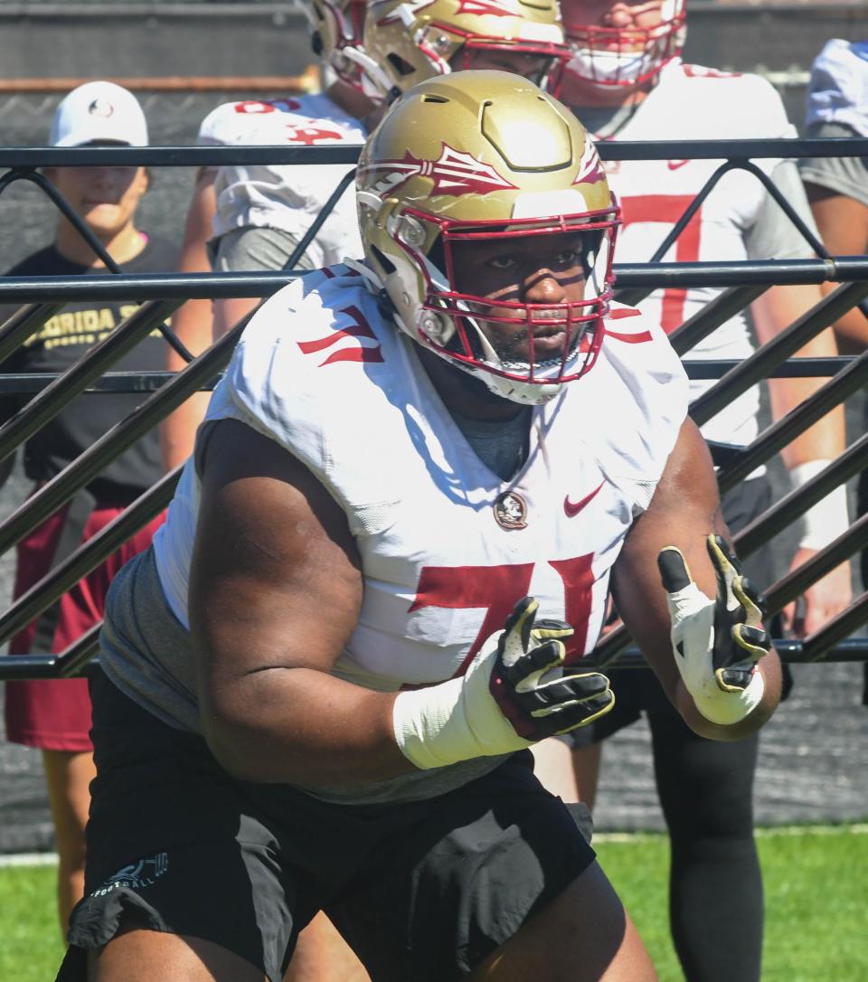 Florida State football players take part in drills during FSU final spring football practice of the 2023 season on Monday, April 17, 2023.