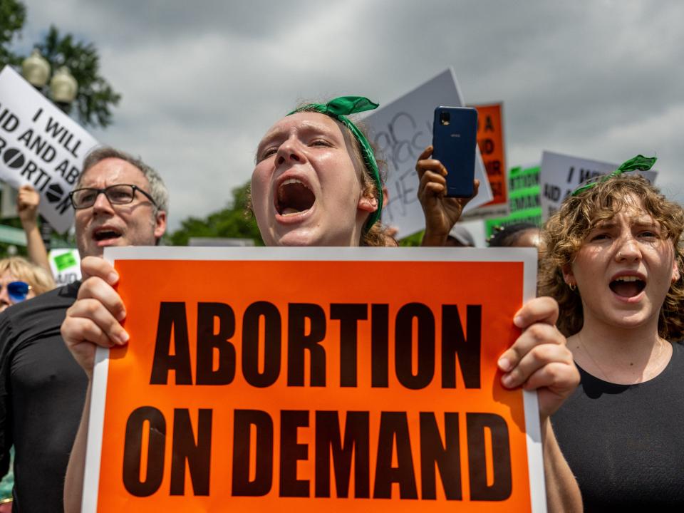 Abortion rights demonstrators protest in response to the Dobbs v Jackson Women's Health Organization ruling in front of the U.S. Supreme Court on June 24, 2022 in Washington, DC.