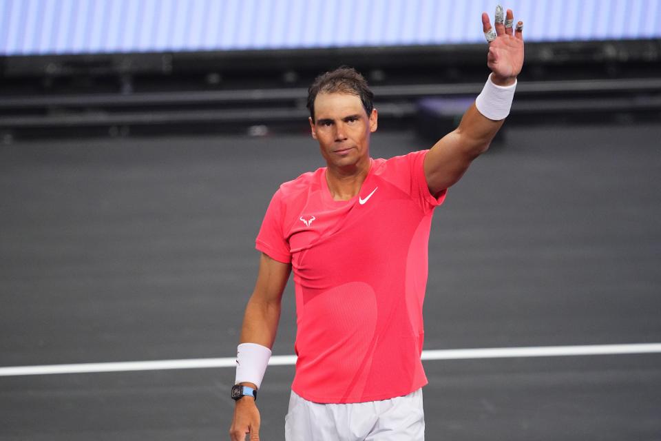 Rafael Nadal waves to the crowd during The Netflix Slam at Michelob ULTRA Arena on March 3, 2024 in Las Vegas.