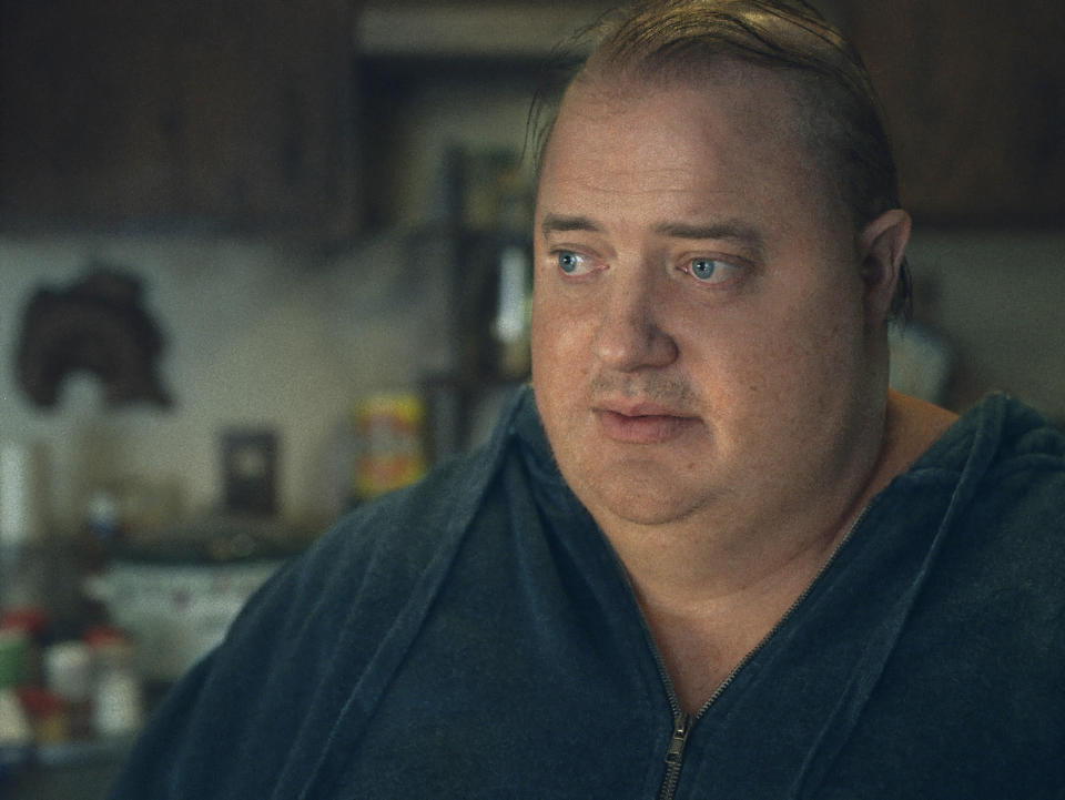 This image released by A24 shows Brendan Fraser in a scene from "The Whale." (A24 via AP)